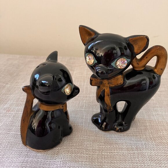 Vintage Lefton Diamond Eyed Black Cats Salt and Pepper Shakers - Picture 8 of 12